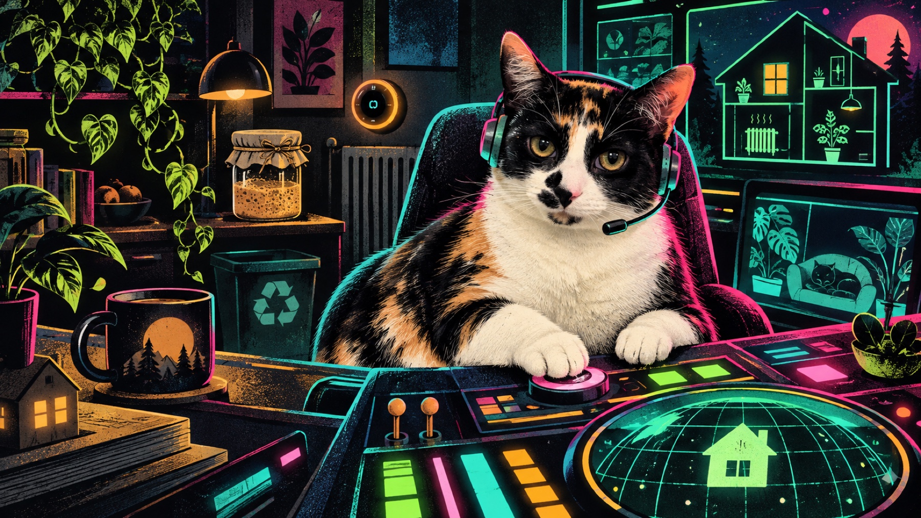 Playful neon illustration of a cat supervising a house control room