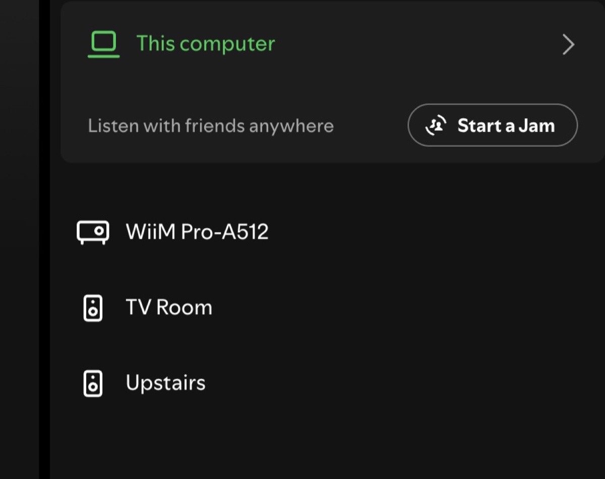 Spotify device menu showing WiiM Pro-A512
